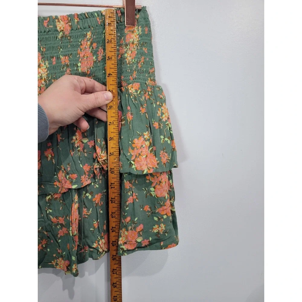 Aerie‎ Smocked Tiered Floral Mini Skirt Green Orange Womens L